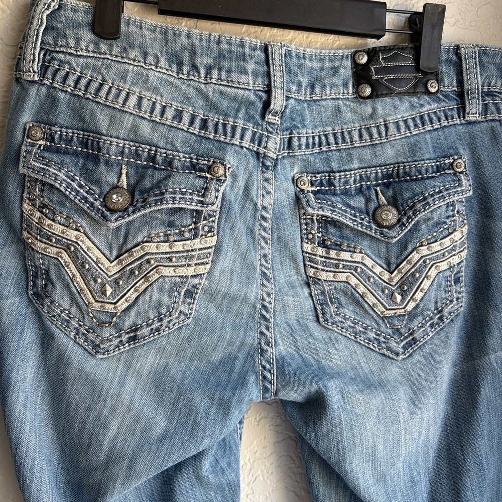 Harley Davidson Bootcut Womens 10 Jeans Y2K Blue Distressed Embellished Biker - Picture 4 of 11